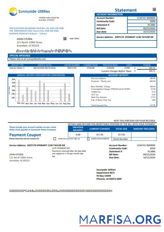 Realistic USA Washington Sunnyside Utilities water utility bill template in Word and PDF format